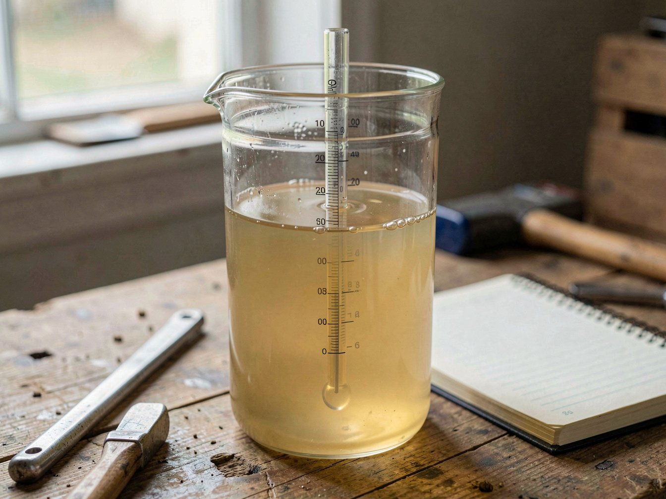 Ein aufgeschlagenes Notizbuch auf einem Küchentisch am Morgen, daneben ein Glas Wasser und ein Bleistift, weiches Seitenlicht vom Fenster, Nahaufnahme aus leichter Aufsicht.