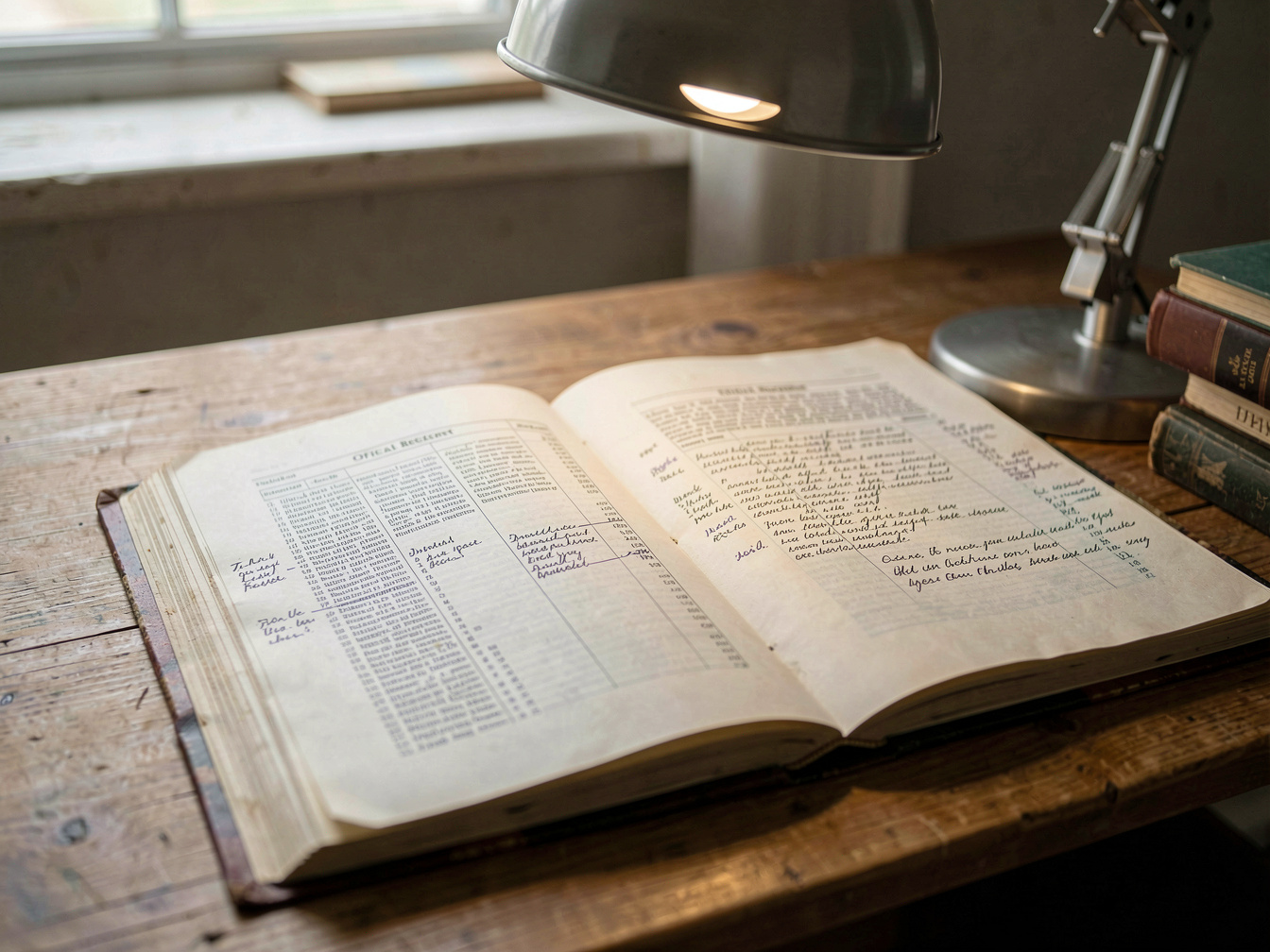 Aufgeschlagenes amtliches Verzeichnis mit engen Spalten und handschriftlichen Randvermerken auf einem Lesetisch unter einer Arbeitsleuchte